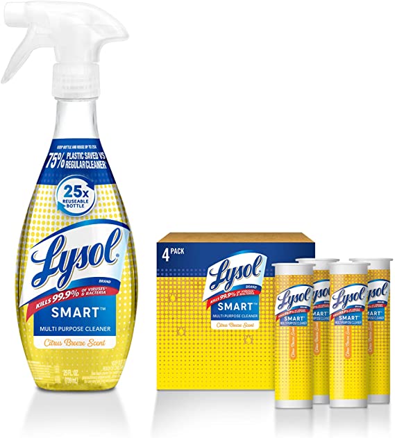 Lysol Smart Multi-Purpose Cleaner Kit, 1 Reusable Spray Bottle + 4 Concentrate Refills, Citrus Breeze Scent, Kills 99% of Germs, Saves 75% of Plastic, Re-usable Bottle up to 25X