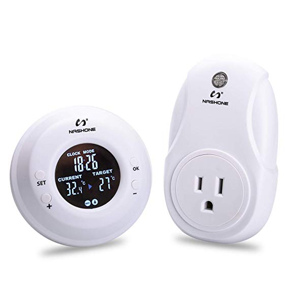 Nashone Temperature Controlled Outlet,Digital Wireless Thermostat Built in Temp Sensor 3 Prong Plug with Heating Cooling Mode Outlet Thermostat LCD Display Easy Review