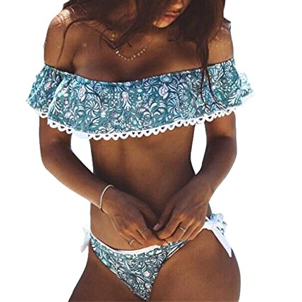 Tempt Me Women Two Pieces Clear Sexy Floral Print Crop Ruffled Off-shoulder Bikini