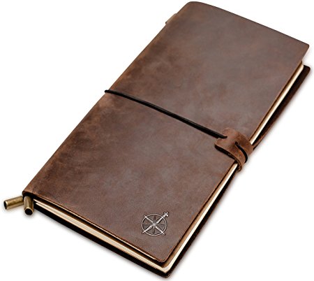 Wanderings Leather Notebook Journal | Leather Bound Travel Notepad, Refillable | Perfect for Writing, Poetry, Log Book, Planners, Travelers, Diary. Classic Vintage Style | 8.5 x 4.25" | Lined Inserts