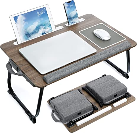 Lap Desk Height Adjustable: Laptop Bed Tray Table with Foldable Legs - Fits up to 17.3 Inch Laptops - Ohuhu Portable Wood Lap Desk with Pillow Cushion Phone Holder and Mouse Pad for Sofa Bed