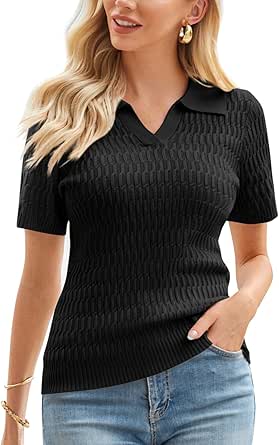 GRACE KARIN Women's 2024 Summer Short Sleeve Sweater V-Neck Collar Pullover Sweater Tops Lightweight Knit Polo Shirt