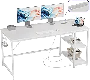 JOISCOPE Computer Desk, 152cm Office Desk with Power Outlets and 2 Shelves, PC Desks & Workstation for Student and Worker,Study Table for Writing,Wooden Desk for Bedroom,Home,Office,White Finish