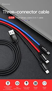 Baseus 3 in 1 Three Colours M L T Distinguish USB Cable for Samsung Galaxy S9/Note 9 Type C- Micro USB Charger Cable for iPhone X 8 7Plus- Xiaomi Mi Note 5 Pro USB Charge Cable(Multicolur)