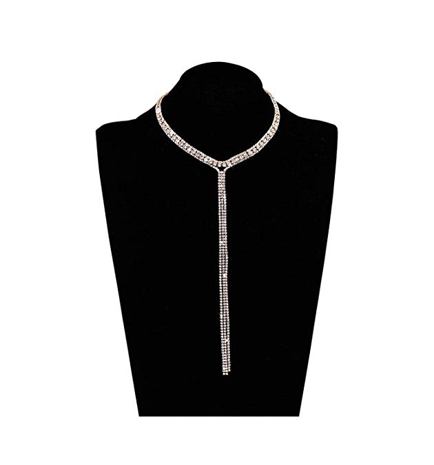 LIAO Jewelry 3 Row Rhinestone Choker Necklace Crystal Tassel Wide Collar Necklaces Gothic Diamond Charms for Women Girls
