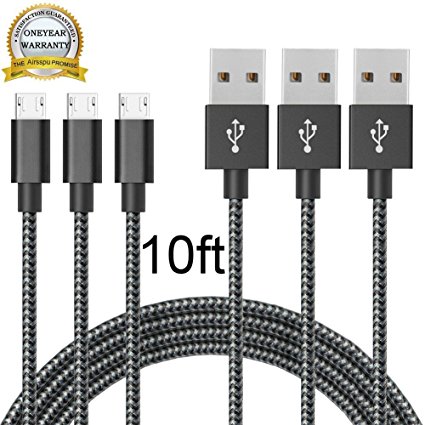 Micro USB Cable,Airsspu 3Pack 10FT Extra Long Premium Nylon Braided High Speed USB to Micro USB Charging Cord Android Fast Charger for Samsung Galaxy S7/S6/S5/Edge,Note 5/4/3,HTC,LG,Nexus(Black White)