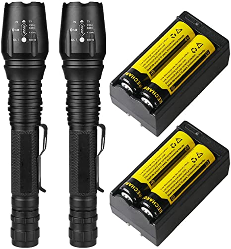 WishDeal 2 Pack 1200 Lumens Led Flashlight 18650 T6 XML Torch Water Resistant Tactical Flashlight Camping Light with 18650 Battery and Charger US Stock