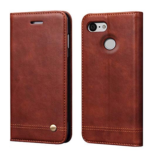 Google Pixel 3 Case,RUIHUI Leather Wallet Folding Flip Slim Protective Case Shell Cover Card Slots,Kickstand Feature Magnetic Closure Google Pixel 3 2018,Brown