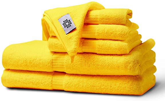White Spindle 100% Extra Long Staple Cotton Bath Towel Set, Luxury 6 Piece Set - 2 Bath Towels, 2 Hand Towels and 2 Washcloths (Oeko-Tex Certified) - Yellow