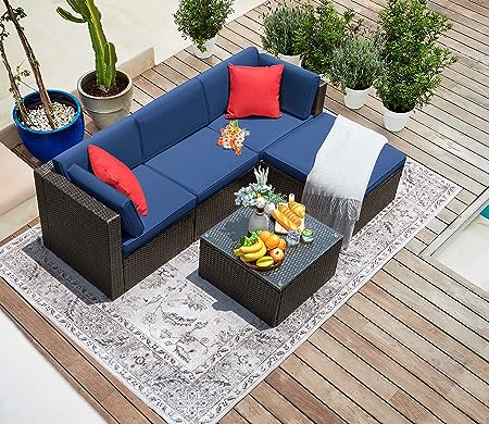 Flamaker Patio Furniture Set 5 Piece Outdoor Wicker Sectional Sofa with Thick Cushions & Tempered Glass Table Patio Couch Conversation Set for Deck, Porch, Terrace (Navy Blue)