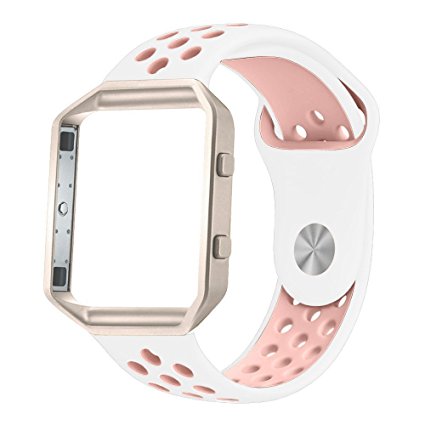 Fibit Blaze Bands, iHYQ Sport Silicone Soft Band with Ventilation Holes and Matte Stainless Steel Frame for Fitbit Blaze Smart Fitness Watch (White/Pink M/L   champaign gold Frame)