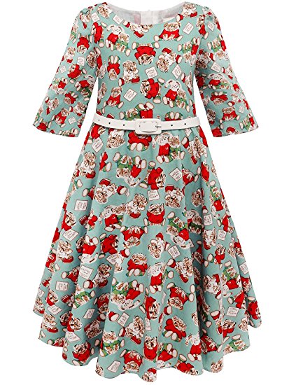 Bonny Billy Girls Classy Vintage Floral Swing Kids Party Dress with Belt