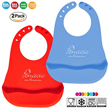 Premium Silicone Baby Bibs Set Of 2 - Adjustable Soft Bibs For Toddlers - Practical Food Pocket Design - Antibacterial & Easy To Clean Food Grade Silicone - BPA Free & FDA Approved (Red & Blue)