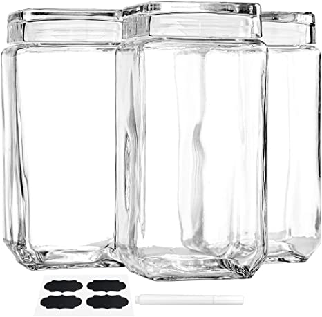 Daitouge Wide Mouth Glass Jars with Lids, 0.5 Gallon Storage Jars - Glass Canisters for Flour, Extra Free Blank Labels & Chalkboard Pen, Set of 3