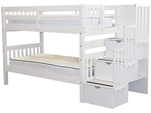 Bedz King Stairway Bunk Beds Twin over Twin with 3 Drawers in the Steps, White