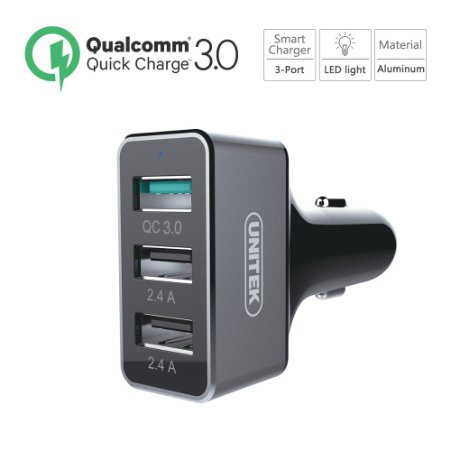 Quick Charge 3.0 Car Charger, UNITEK 42W 3 Port USB Aluminum Car Charger With QC 3.0 ( Quick Charge 2.0 Compatible ) And SmartID Technology