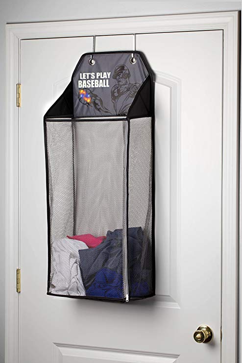 Store & Score Over The Door Hanging Kids Fun LED Baseball Light-Up Collapsible Mesh Laundry Hamper Basket, Toy Chest, Heavy Duty Metal Hooks Included. Patent Pending