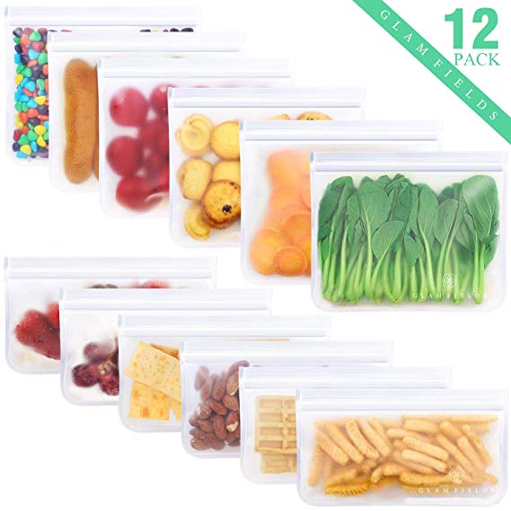 12 Pack Reusable Storage Bags, Glamfields Waterproof Reusable Snack Bags Leakproof Freezer Ziplock Bags Food Grade PEVA Lunch Bags for Sandwich and Fruit (12 Pack)