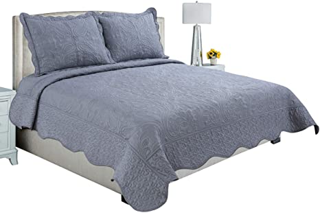 Marina Decoration Embroidered Coverlet Bedspread Ultra Soft 3 Piece Summer Quilt Set with 2 Quilted Shams, Grey Color Full/Queen Size