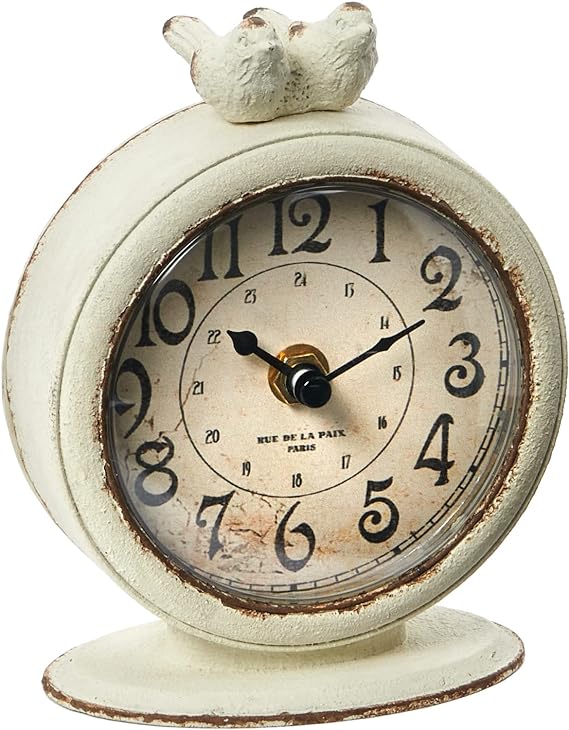 Creative Co-Op Vintage Pewter Birds, Distressed Cream Mantel Clock