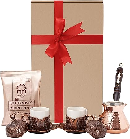 CopperBull" Thickest Copper Turkish Greek Coffee Pot with Heavy Duty Cups Saucers & Coffee Set for 2 (Copper)