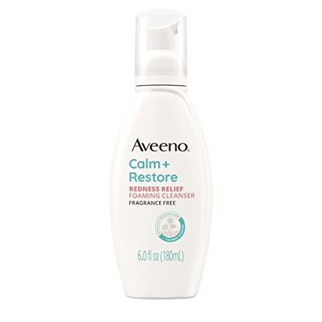 Aveeno Calm   Restore Redness Relief Foaming Cleanser, Daily Facial Cleanser With Calming Feverfew to Help Reduce the Appearance of Redness, Hypoallergenic & Fragrance-Free, 6 fl. oz