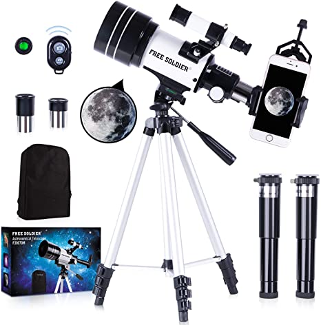 FREE SOLDIER Telescope for Kids&Astronomy Beginners - 15X-150X High Magnification Astronomical Refractor Telescope Portable Travel Telescope for Adults Great Astronomy Gift for Kids, White