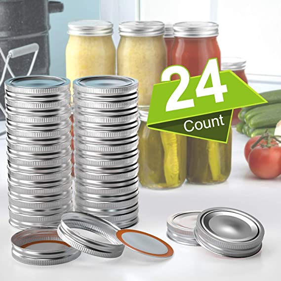 Regular Mouth Canning Lids for Ball, Kerr Jars - 24-Count Split-Type with Leak proof & Airtight Seal Features, Metal Mason Jar Lids for Canning - Food Grade Material, Silver/70 MM/Lids & Rings/Bands