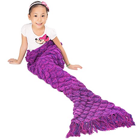Great Home Christmas Mermaid Tail Blanket Handmade Beautiful Fish Scales Mermaid Blanket Perfect Gift for Kids Teens, Pink&Purple - New!