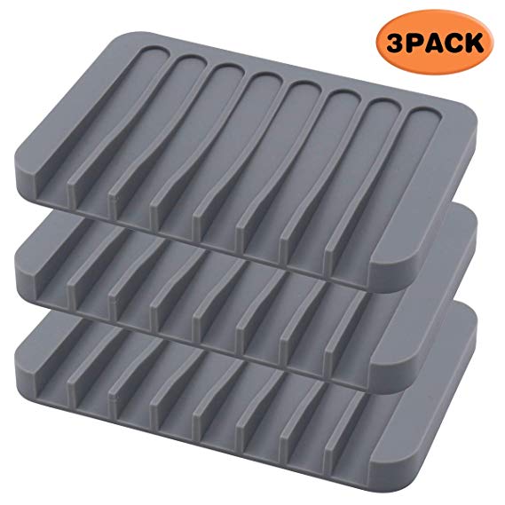 TOPSKY 3Pack Silicone Soap Dishes for Bathroom, Soap Holders Shower, Soap Savers, Self-draining Waterfall (Grey)