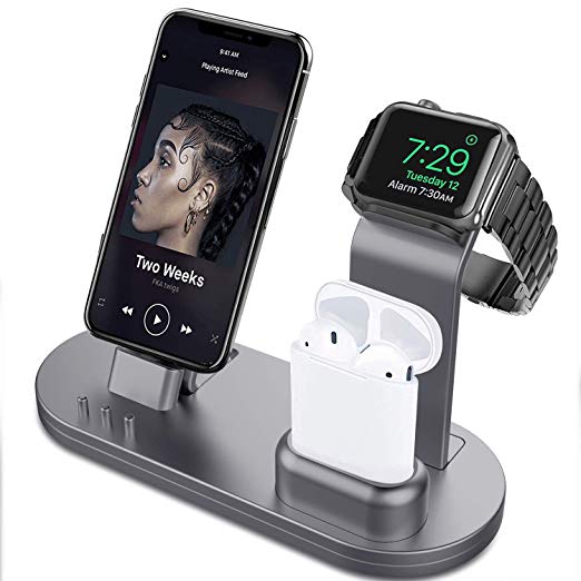 OLEBR 3 in 1 Charging Stand for iWatch Series 4/3/2/1, AirPods and iPhone Xs/X Max/XR/X/8/8Plus/7/7 Plus /6S /6S Plus/9.7 inches iPad (Original Charger & Cables Required)-Space Gray