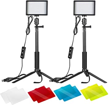 Neewer 2 Packs Dimmable 5600K USB LED Video Light with Adjustable Tripod Stand/Color Filters for Tabletop/Low Angle Shooting, Colorful LED Lighting, Product Portrait YouTube Video Photography