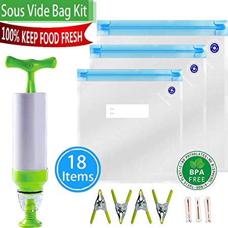 Sous Vide Bag Reusable Vacuum Sealer Bags for Food Storage Sous Vide Kit (1pump 10bags 7clips)