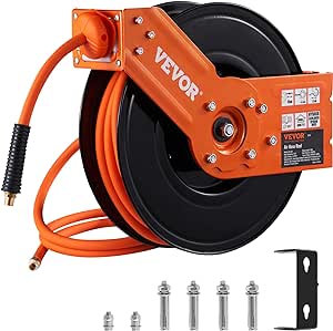 VEVOR Retractable Air Hose Reel, 3/8 IN x 50 FT Hybrid Air Hose Max 300PSI, Air Compressor Hose Reel with 5 ft Lead in, Ceiling/Wall Mount Heavy Duty Double Arm Steel Reel