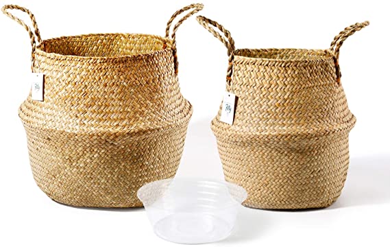 POTEY 720102 Seagrass Plant Basket Set of 2 - Hand Woven Belly Basket with Handles, Large Storage Laundry Picnic Plant Pot Cover Home Decor and Woven Straw Beach Bag (Large Extra Large, Original)