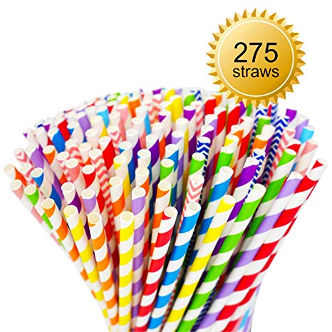 PAPER STRAWS BIODEGRADABLE Bonus 275 Count - 11 Rainbow Party Colors Eco Friendly Straws Bulk Compostable Paper Straws for Drinks, Juices, Shakes, Smoothies, Restaurants, Bars & Wedding Parties