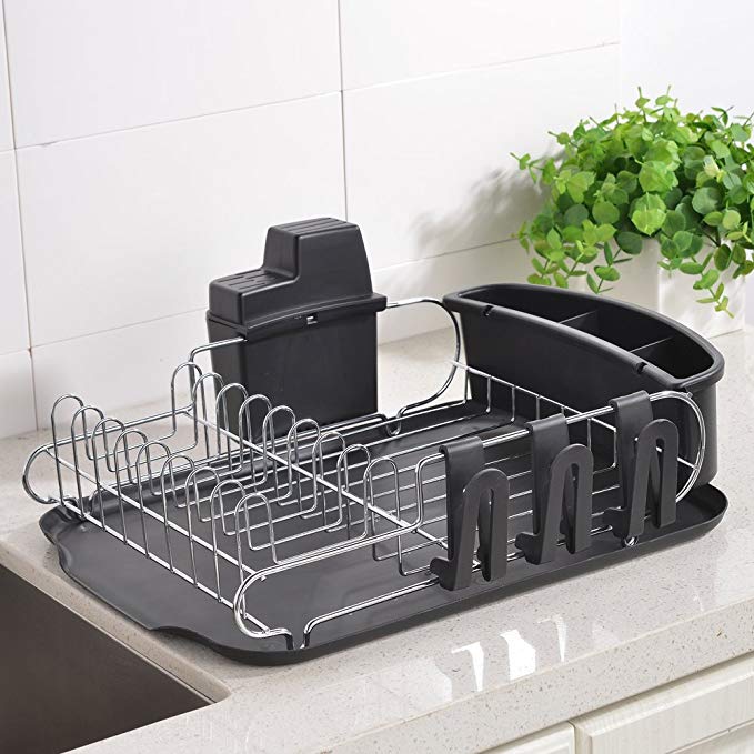 Wtape Steel Rust Proof Kitchen Draining Dish Drying Rack, Dish Rack With Black Drainboard, 3 Separate Cup Holder Attachments, A Wide Utensil Holder and Knife Holder Attachment
