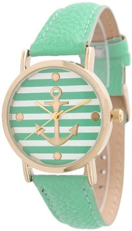 Women's Geneva Striped Anchor Style Leather Watch - Mint