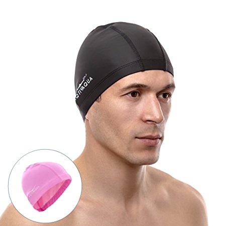 Spandex Swim Cap with Waterproof PU Coating for Adult Men and Women   Storage Tube by AqtivAqua