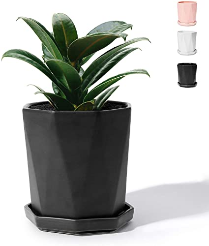 POTEY 050802 Geometric Ceramic Plant Pot Black - 4.8 Inch Planter for Indoor Plants Flower Succulent with Drainage Hole & Saucer(Plant NOT Included)