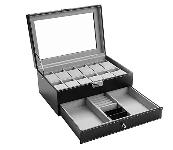 Autoark Leather 12 Watch Box with Jewelry Display Drawer Lockable Watch Case Organizer,Black,AW-U01