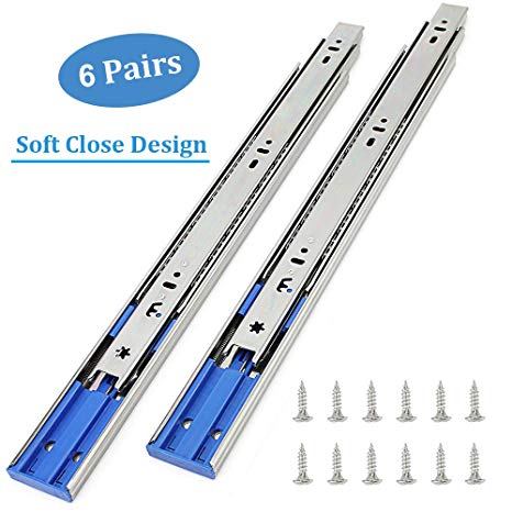 6 Pairs of 16 Inch Hardware 3-Section Soft Close Full Extension Ball Bearing Side Mount Drawer Slides,100 LB Capacity Drawer Slide
