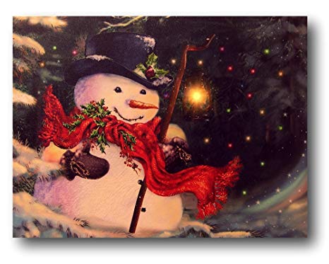 BANBERRY DESIGNS Light Up Snowman Picture - LED Christmas Canvas Print - Snowmen Wall Hanging with a Black Top Hat and a Red Scarf - Winter Scene