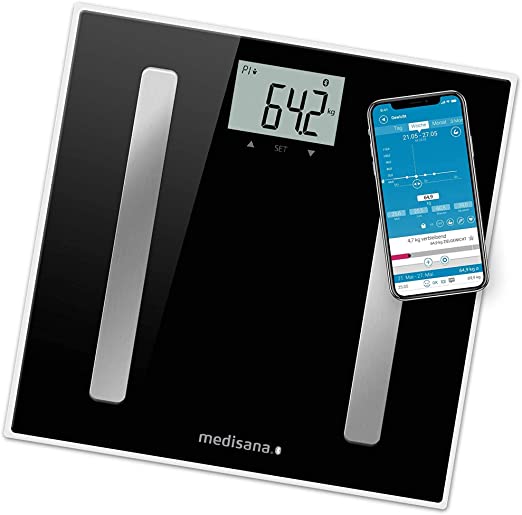 medisana BS A45 Connect, Digital Body Analysis Scale 180 kg / 396 lbs Personal Scale for Measuring Body Fat, Body Water, Muscle Mass and Bone Weight, Body Fat Scale with Body Analysis app, 99497