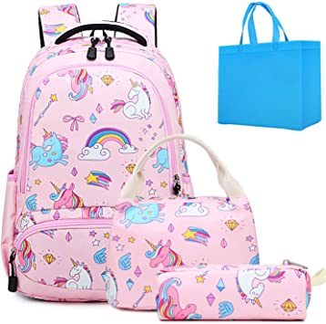 School Backpacks Girls Unicorn Backpack with Lunch Bag and Pencil Case Kids 3 in 1 Bookbags Set School Bag for Elementary Preschool (Pink Unicorn Set)