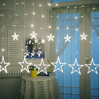 Qedertek Christmas Star Curtain Lights, 138 LED Fairy Curtain Lights with 12 Stars, 8 Modes Christmas Fairy Lights for Xmas Tree, Party, Wedding, Garden, Bedroom, Christmas Decoration (White)