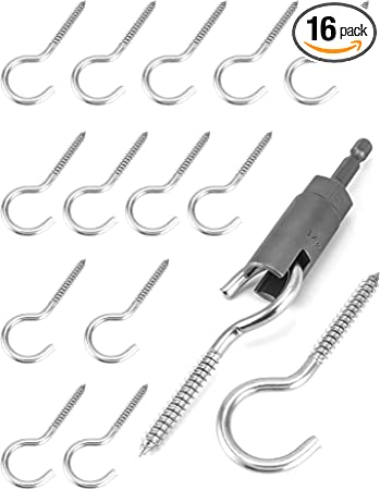 QWORK Screw in Hooks, 15 Pcs 304 Stainless Steel Ceiling Hooks, 1 Pcs 1/4" Hex Shank Wing Nut Driver, Screw Eye Hooks, Lights Hanger Hooks for Plants, Lights, Cups, Mugs