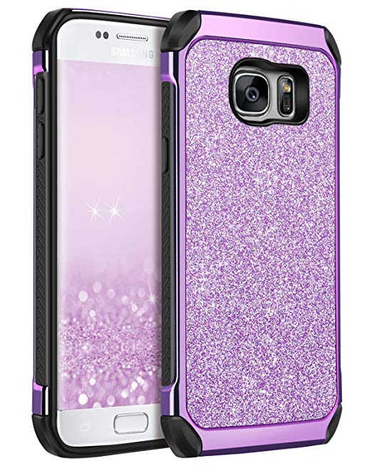 BENTOBEN Case for Galaxy S7, 2 in 1 Luxury Glitter Bling Hybrid Slim Hard Cover Laminated Sparkly Shiny Faux Leather Chrome Shockproof Protective Girl Women Cover for Samsung Galaxy S7 (G930), Purple