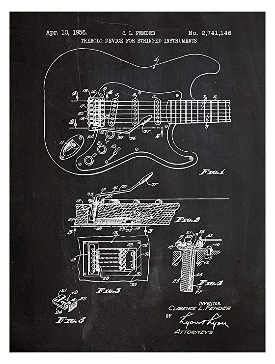 Inked and Screened Fender Stratocaster Guitar Design Patent Art Poster Silk Screen Print, Chalkboard