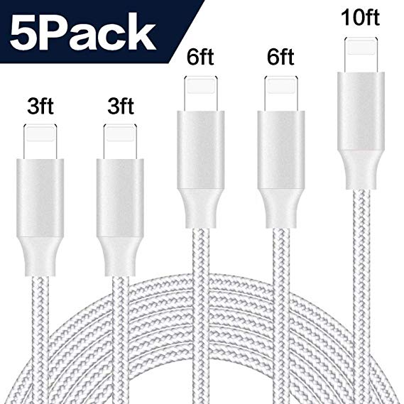 iPhone Charger, MFi Certified iPhone Cable 5 Pack [3/3/6/6/10FT] Extra Long Nylon Braided USB Charging&Syncing Cord Compatible with iPhone Xs Max/XS/XR/7/7Plus/X/8/8Plus/6S/6S Plus/SE (Silver&White)